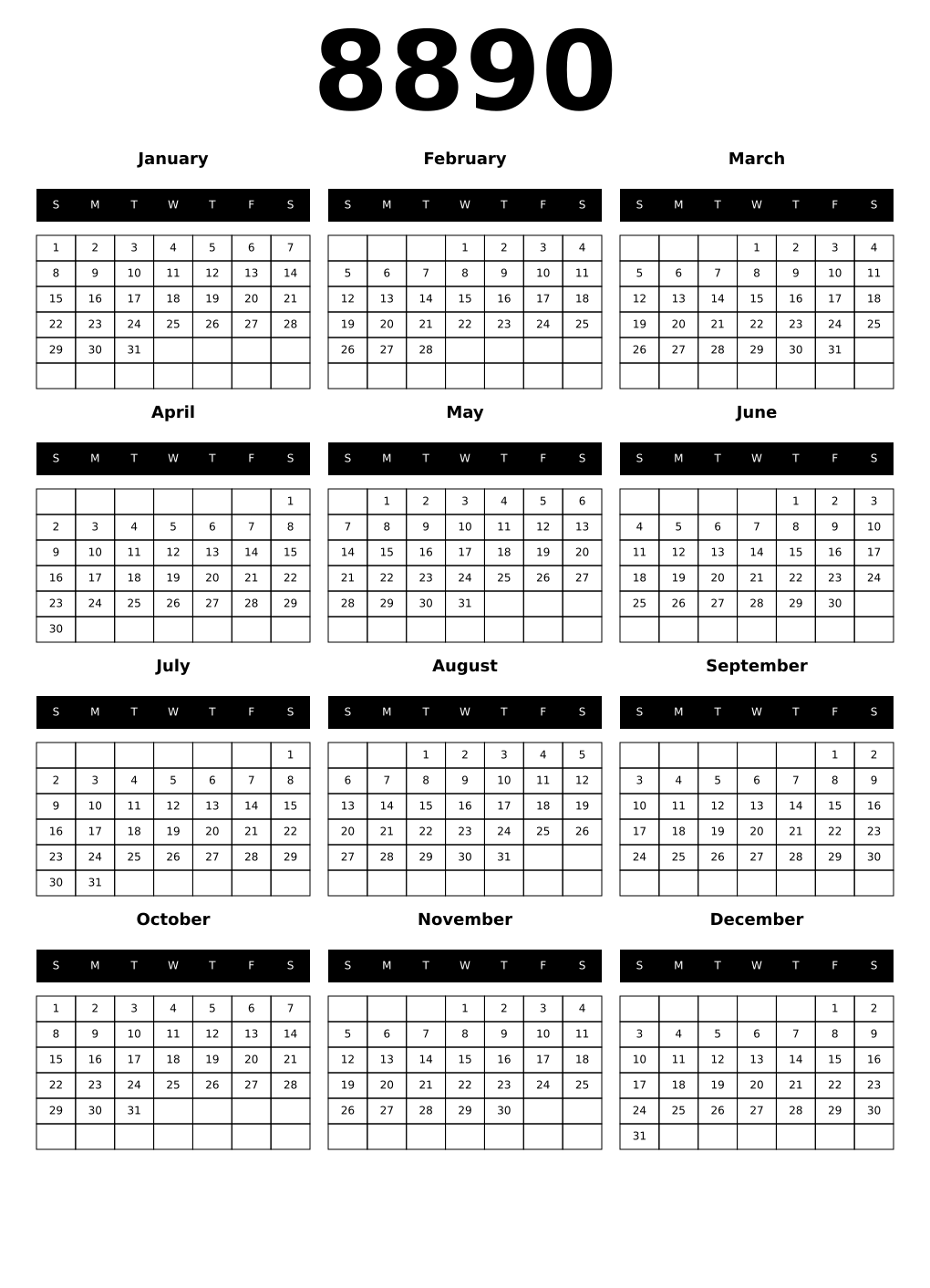 Printable 8890 Calendars