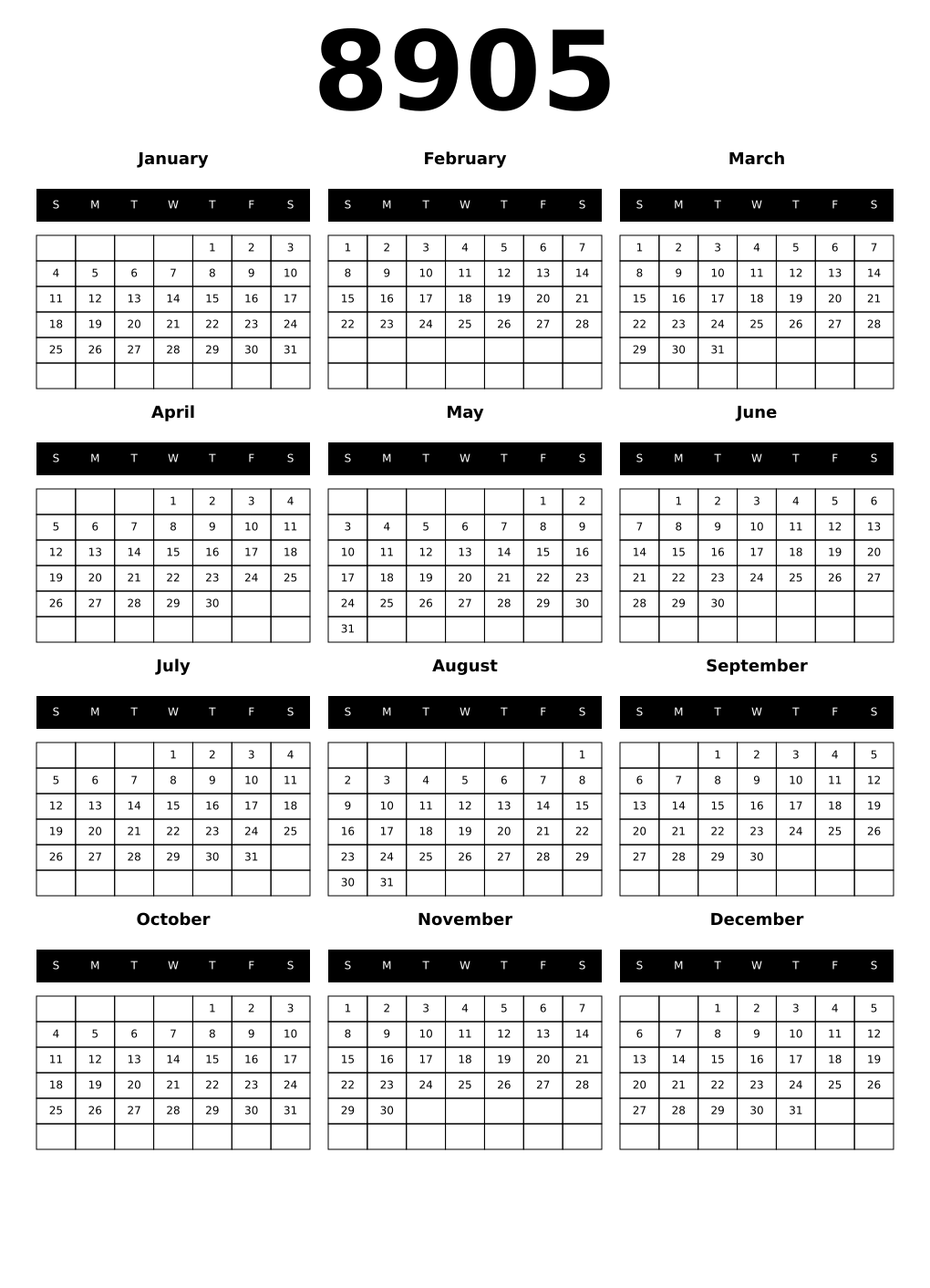 Printable 8905 Calendars