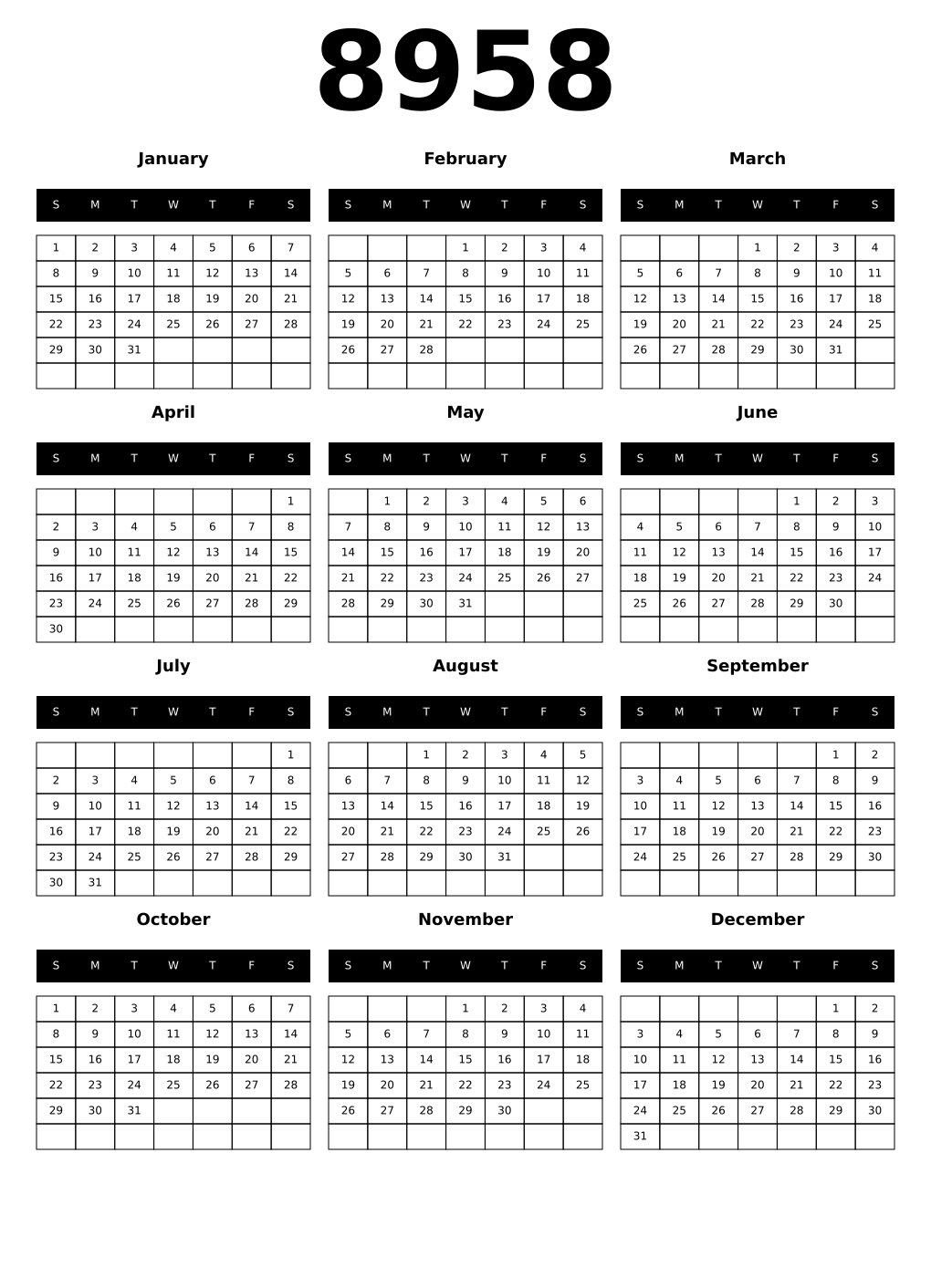 Printable 8958 Calendars