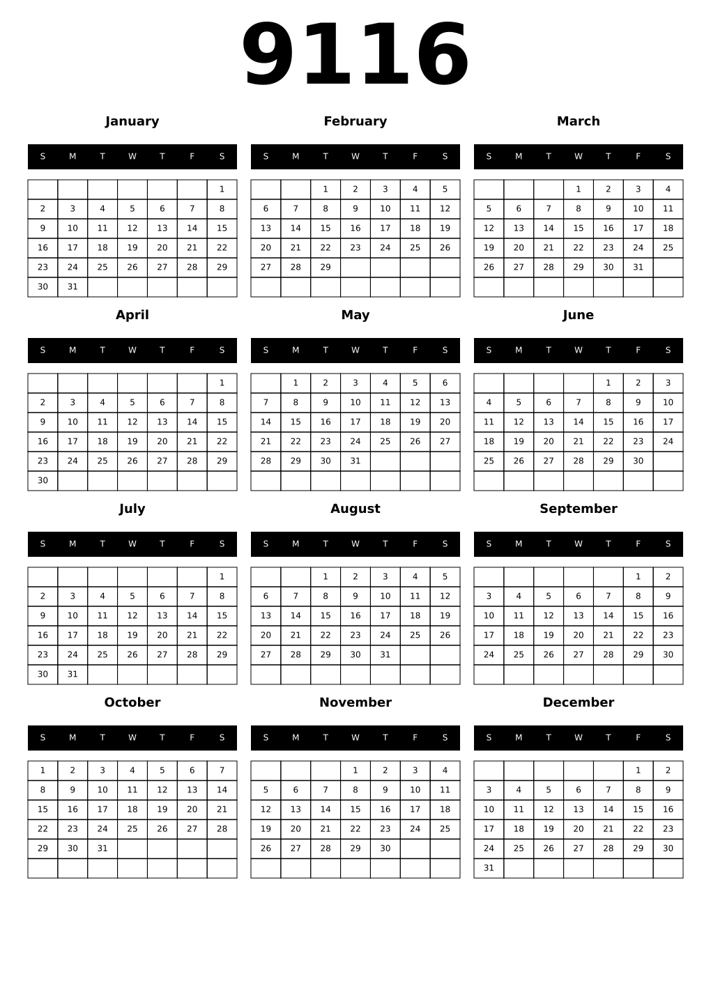 Printable 9116 Calendars