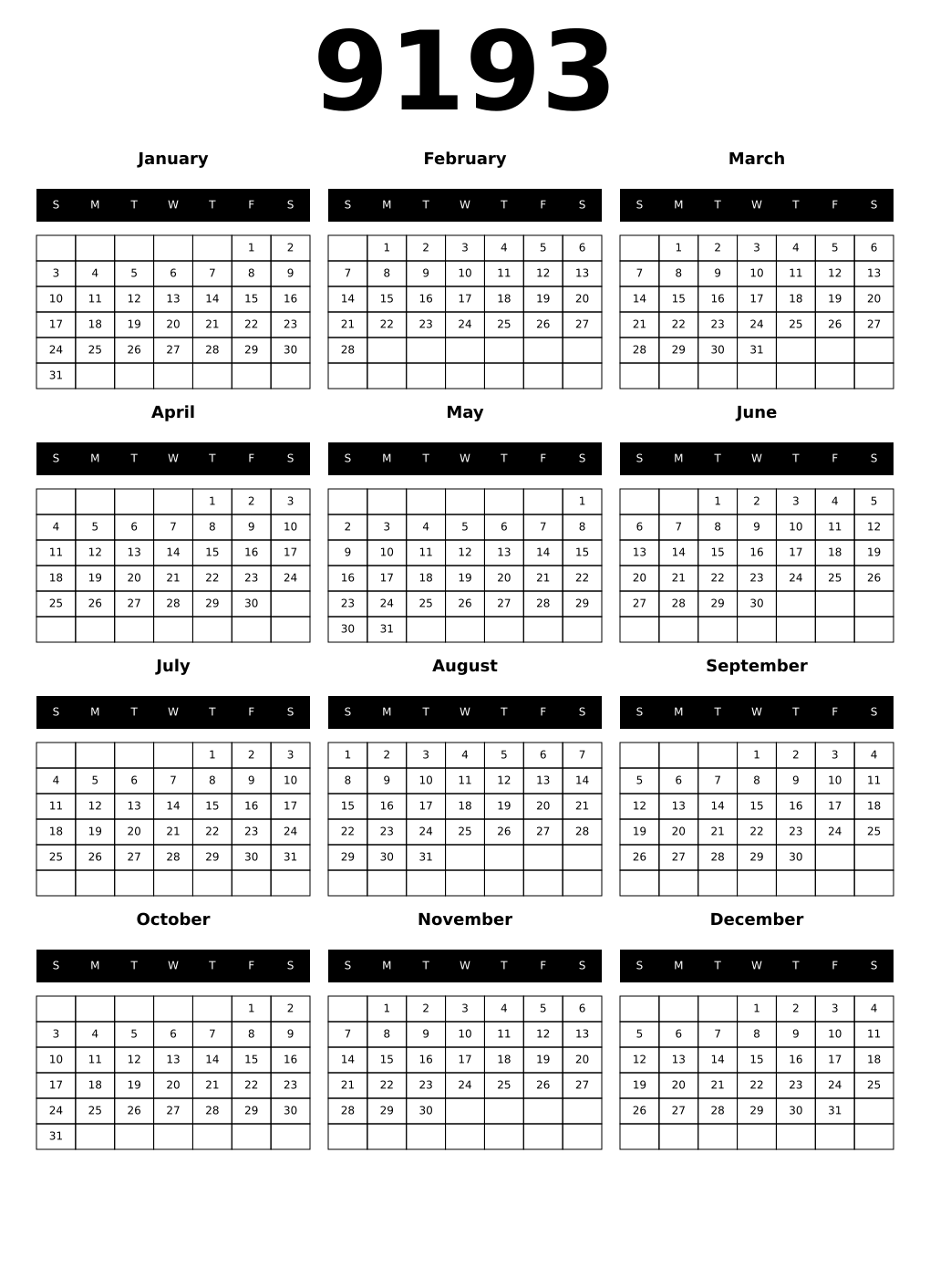 Printable 9193 Calendars