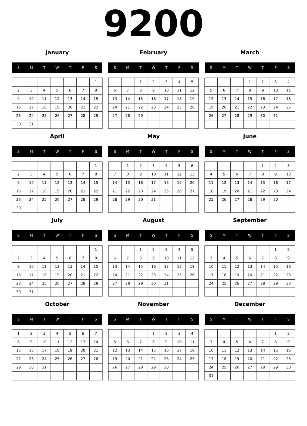 Printable 9200 Calendars