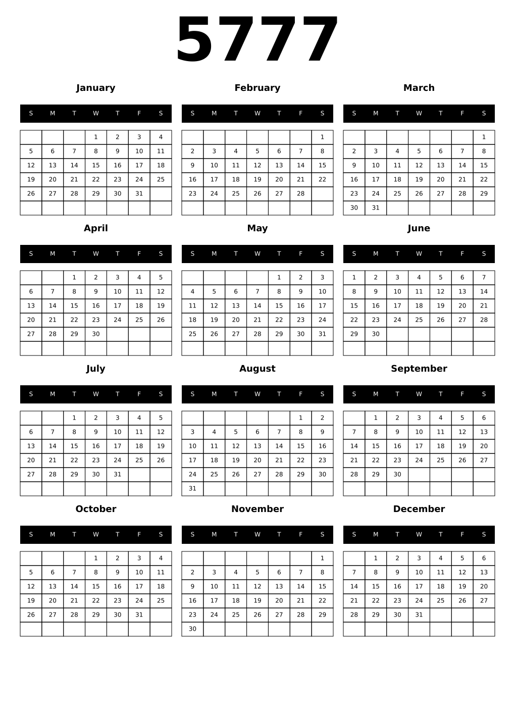 Printable 5777 Calendars