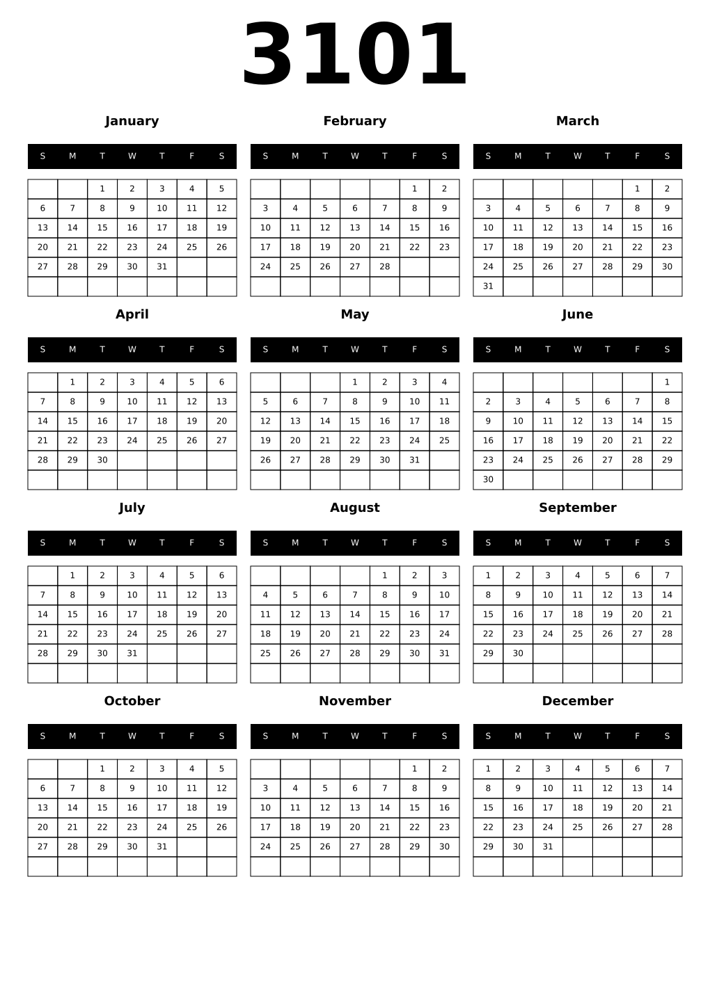 Printable 3101 Calendars