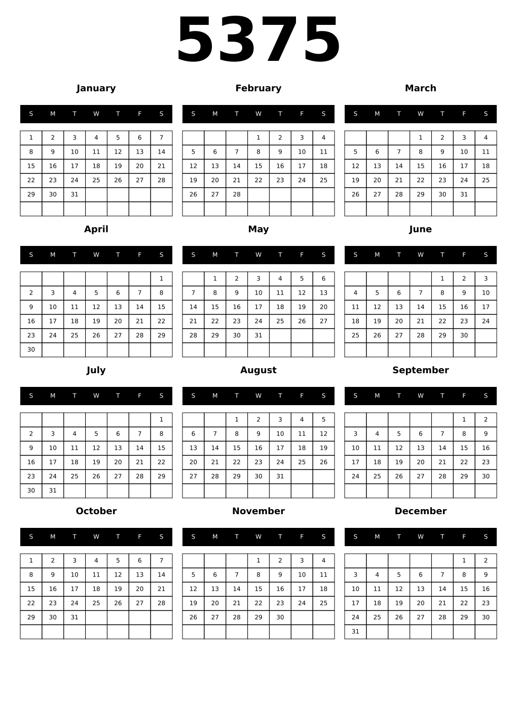 Printable 5375 Calendars