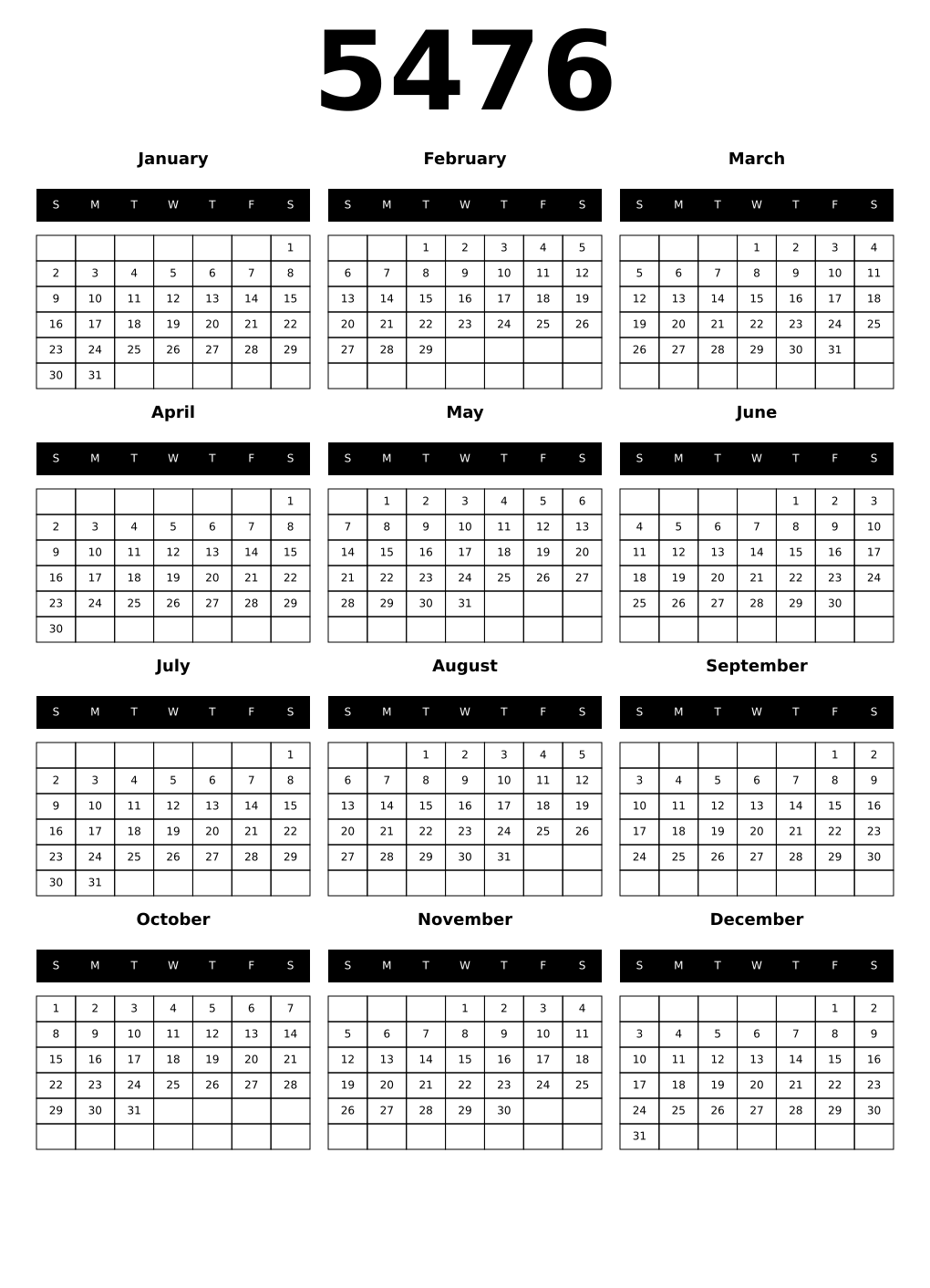 Printable 5476 Calendars