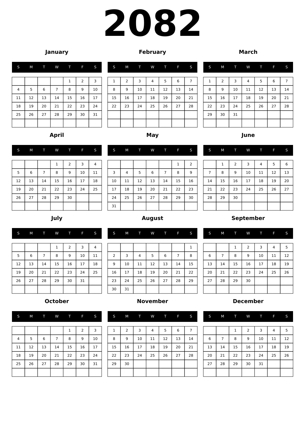 Printable 2082 Calendars
