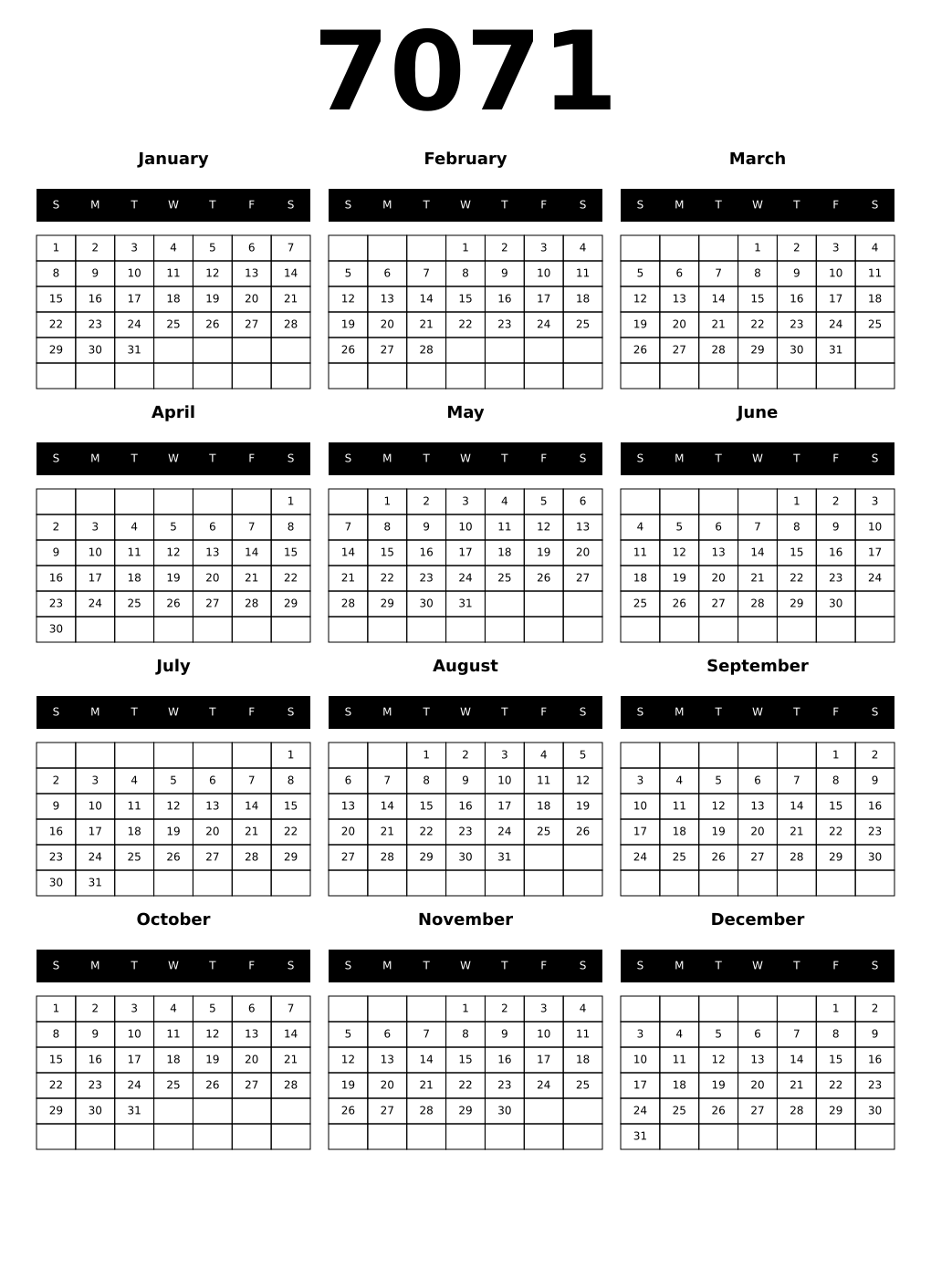 Printable 7071 Calendars