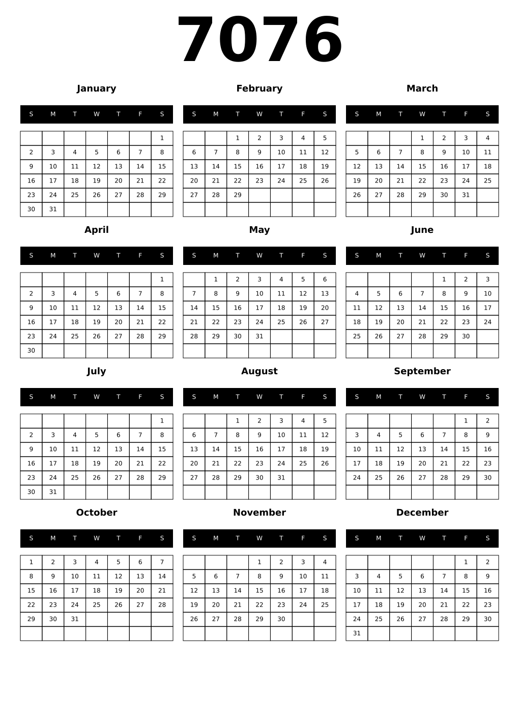 Printable 7076 Calendars