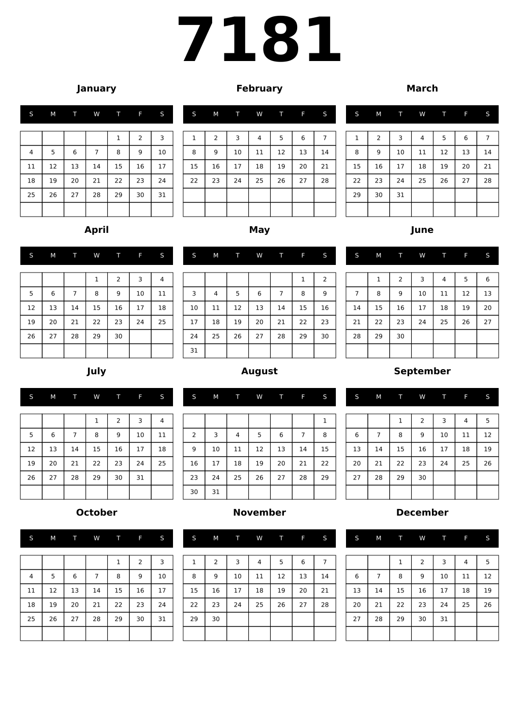Printable 7181 Calendars