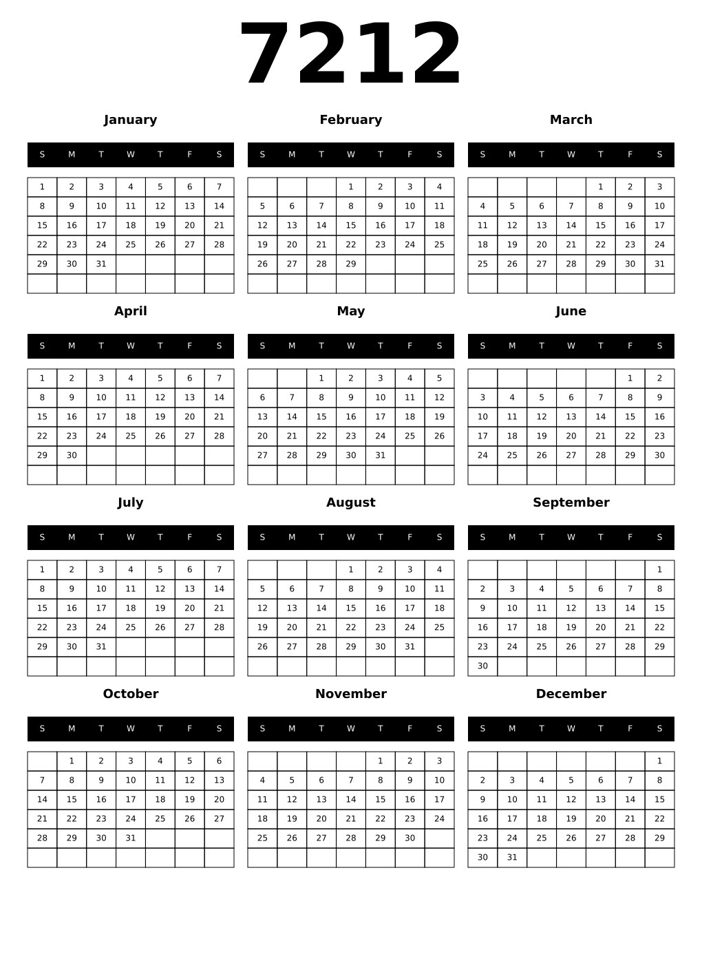 Printable 7212 Calendars