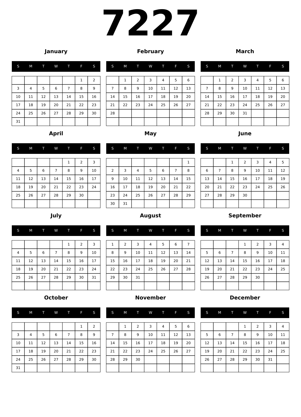 Printable 7227 Calendars