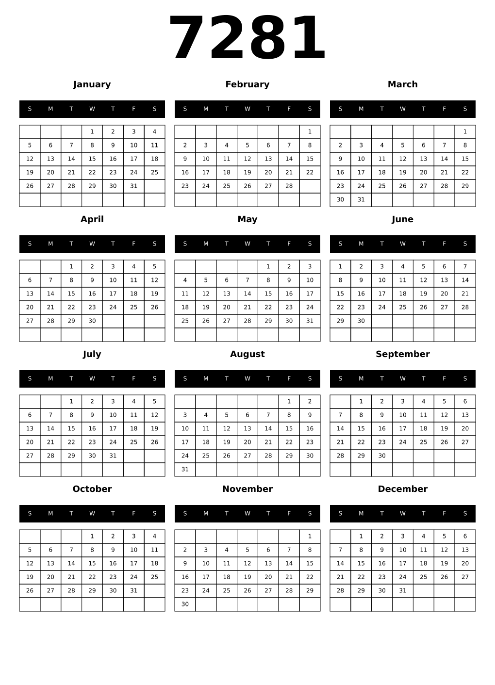 Printable 7281 Calendars