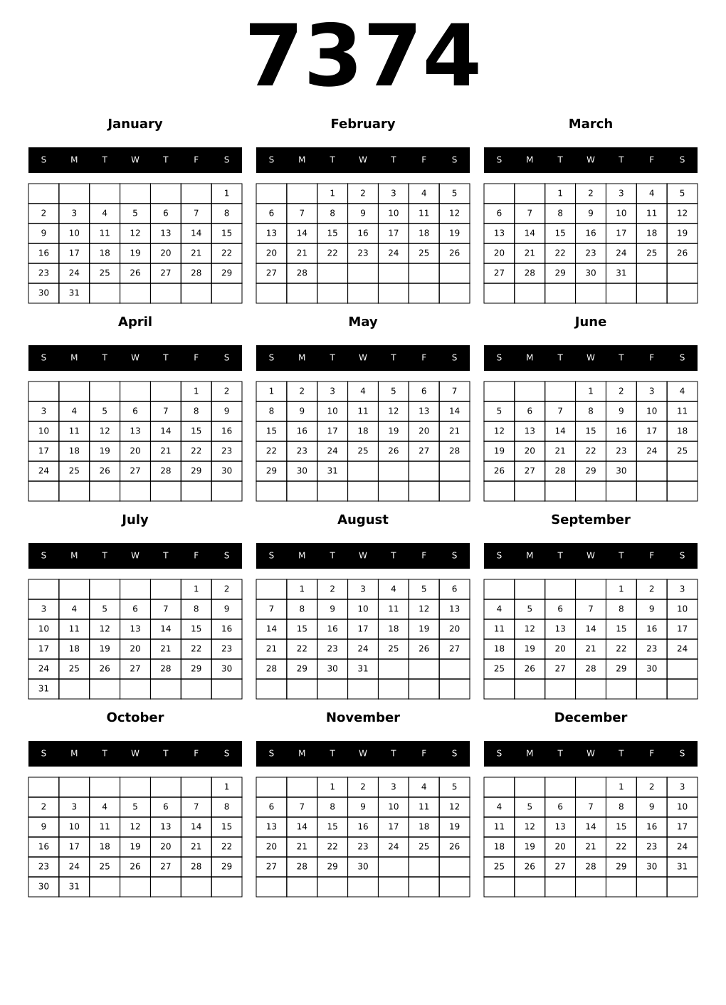 Printable 7374 Calendars