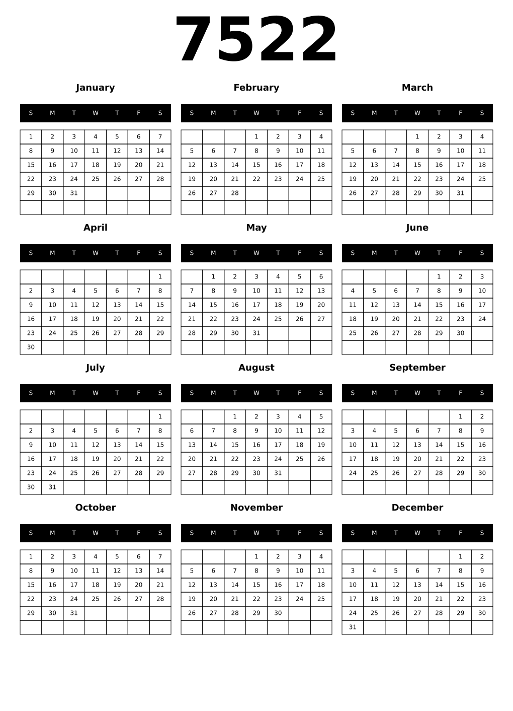 Printable 7522 Calendars