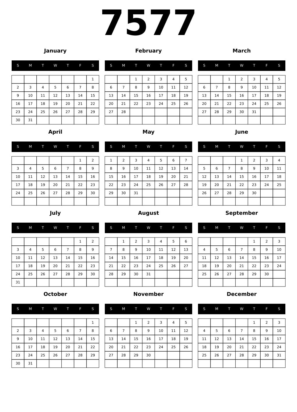 Printable 7577 Calendars