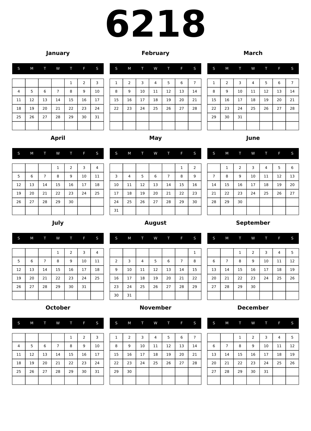 Printable 6218 Calendars
