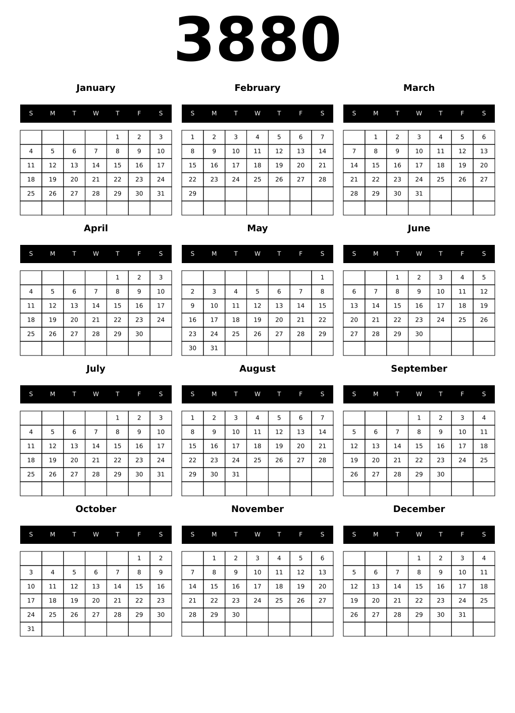 Printable 3880 Calendars