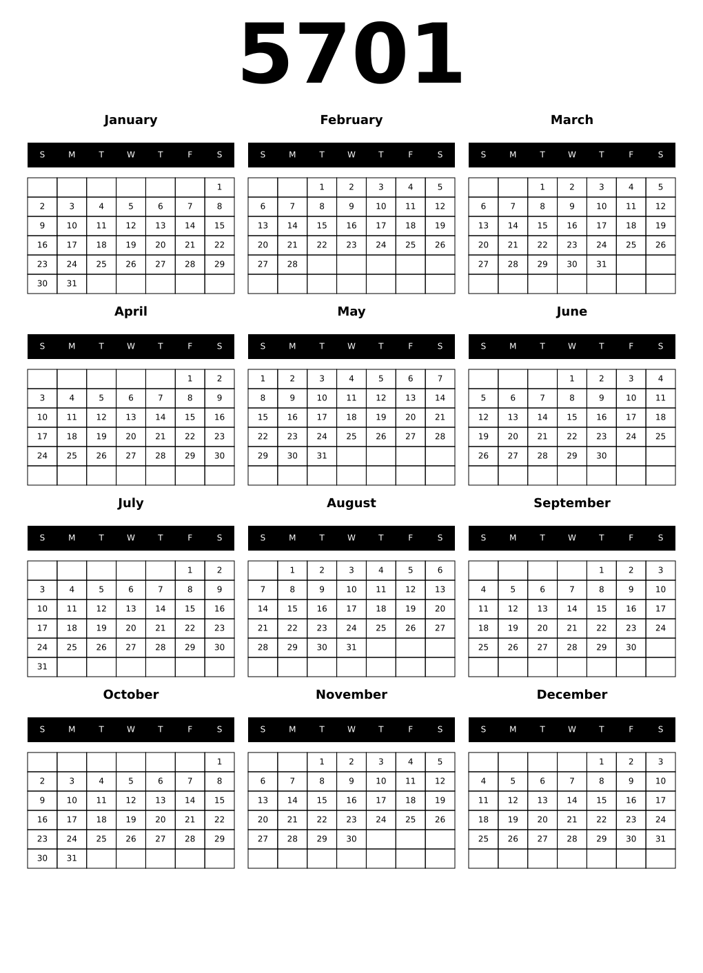 Printable 5701 Calendars