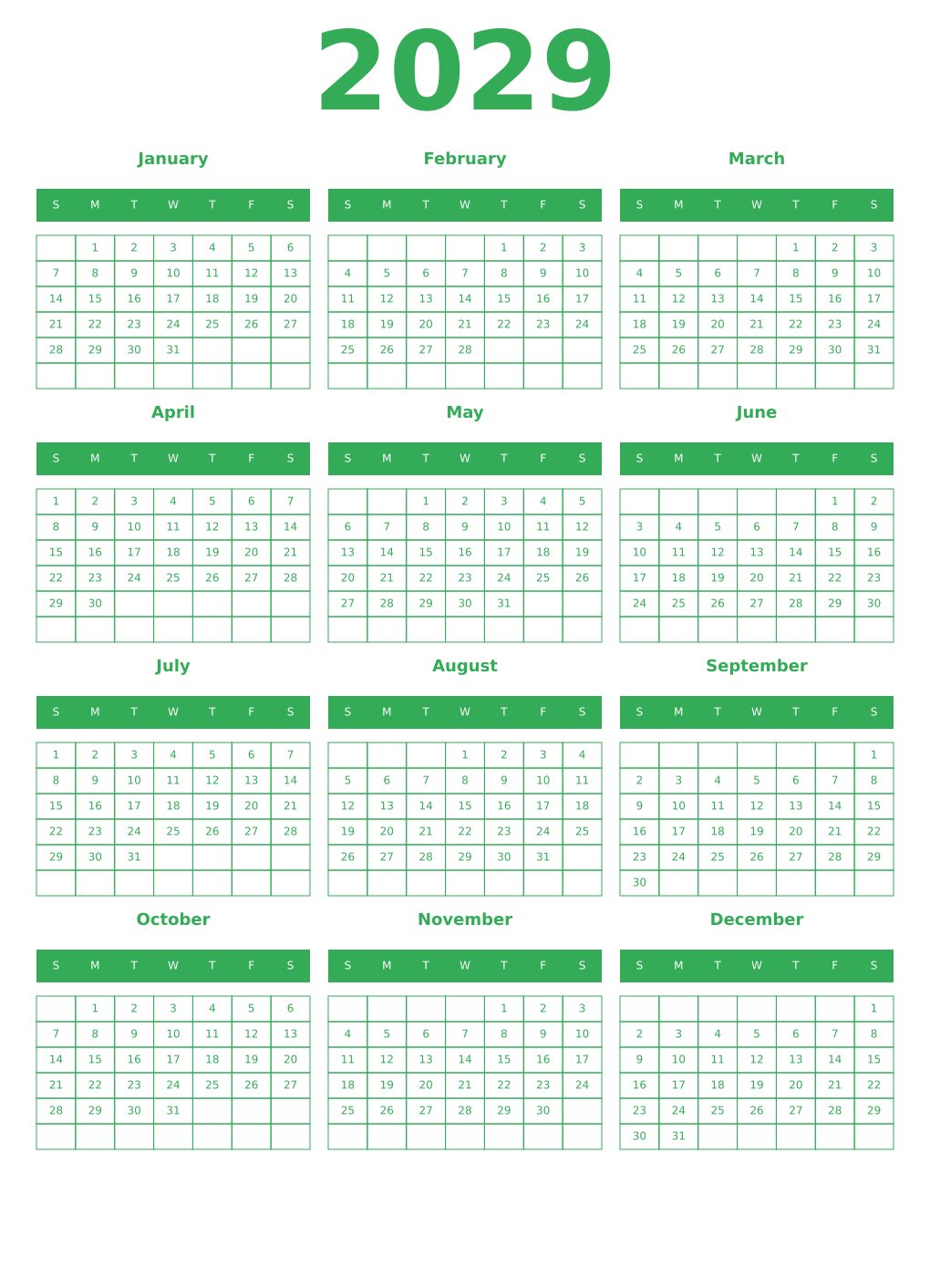 Printable 2029 Calendars