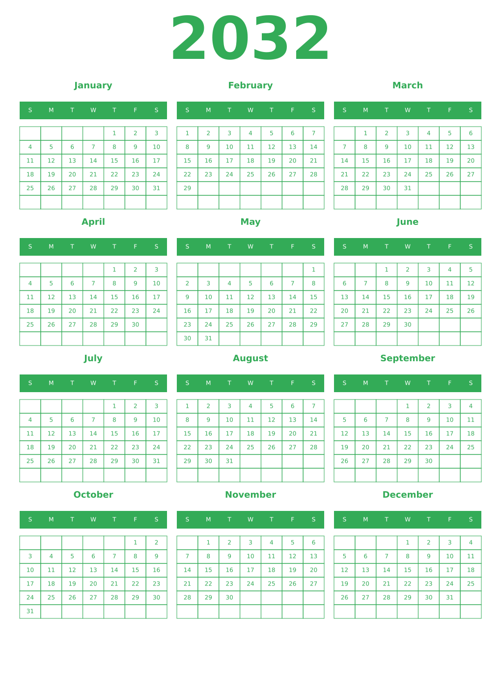Printable 2032 Calendars
