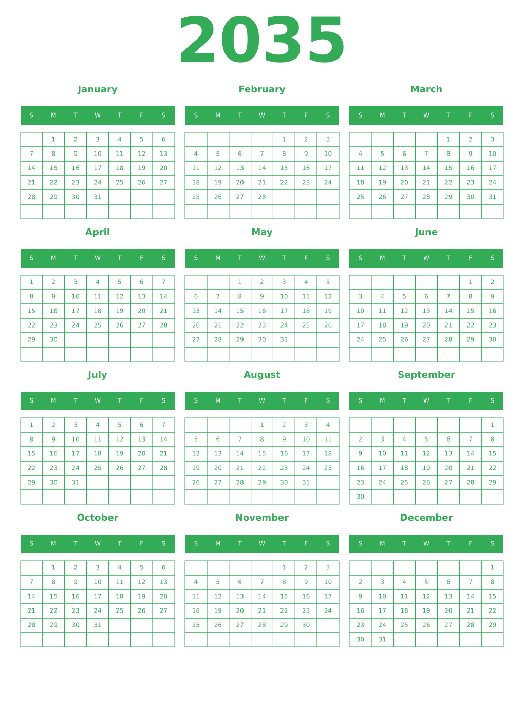 Printable 2035 Calendars