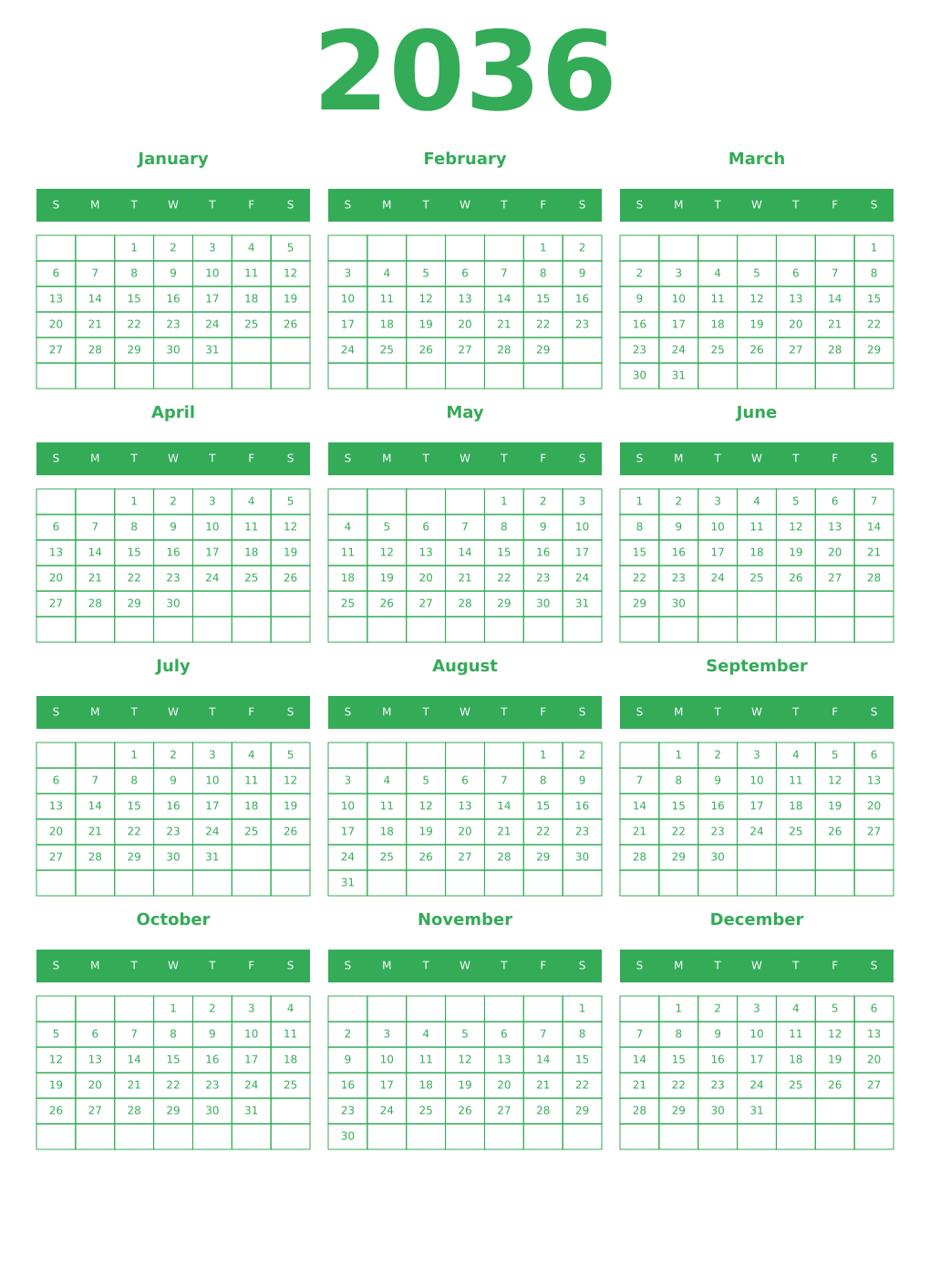 Printable 2036 Calendars