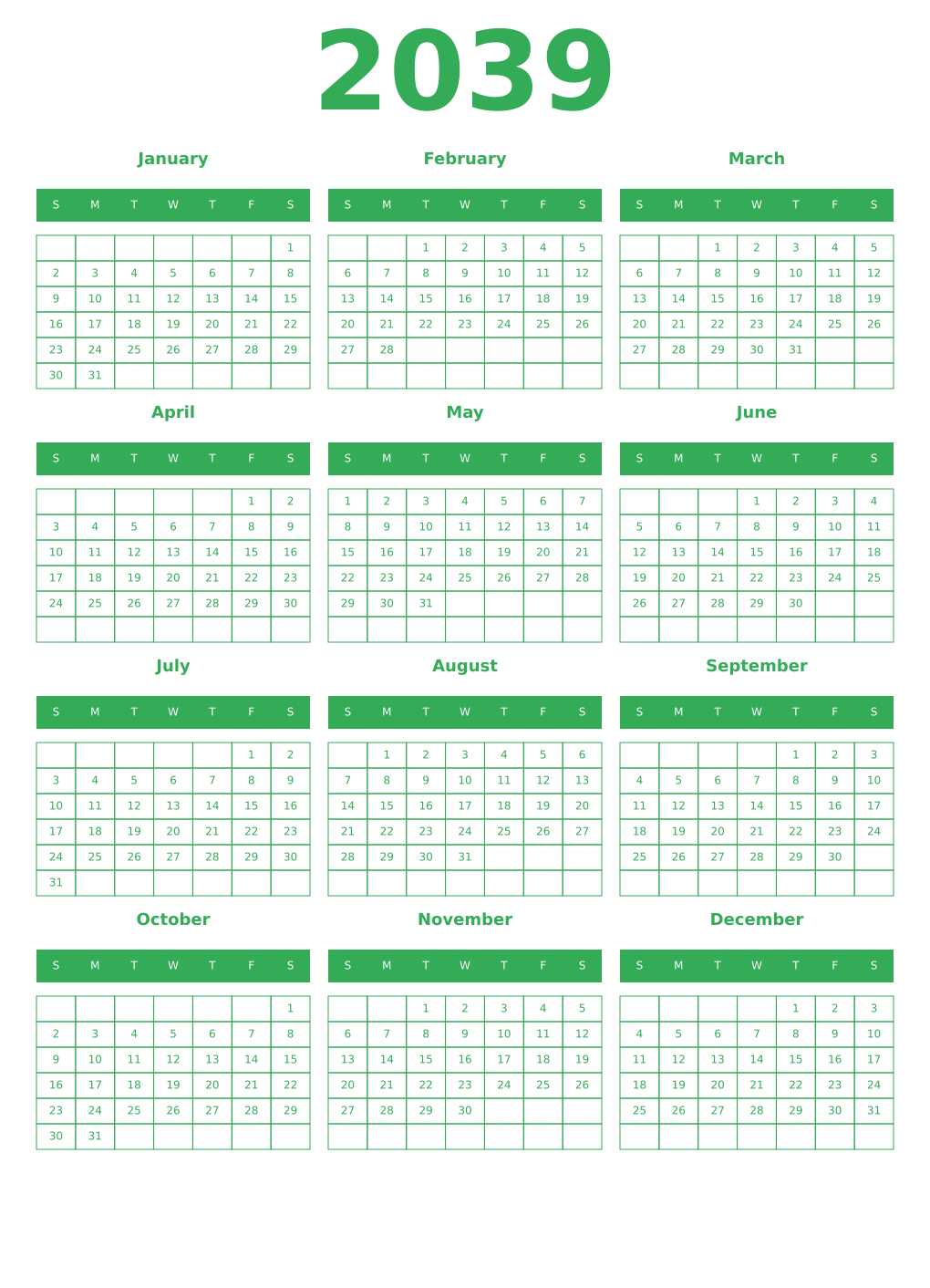Printable 2039 Calendars