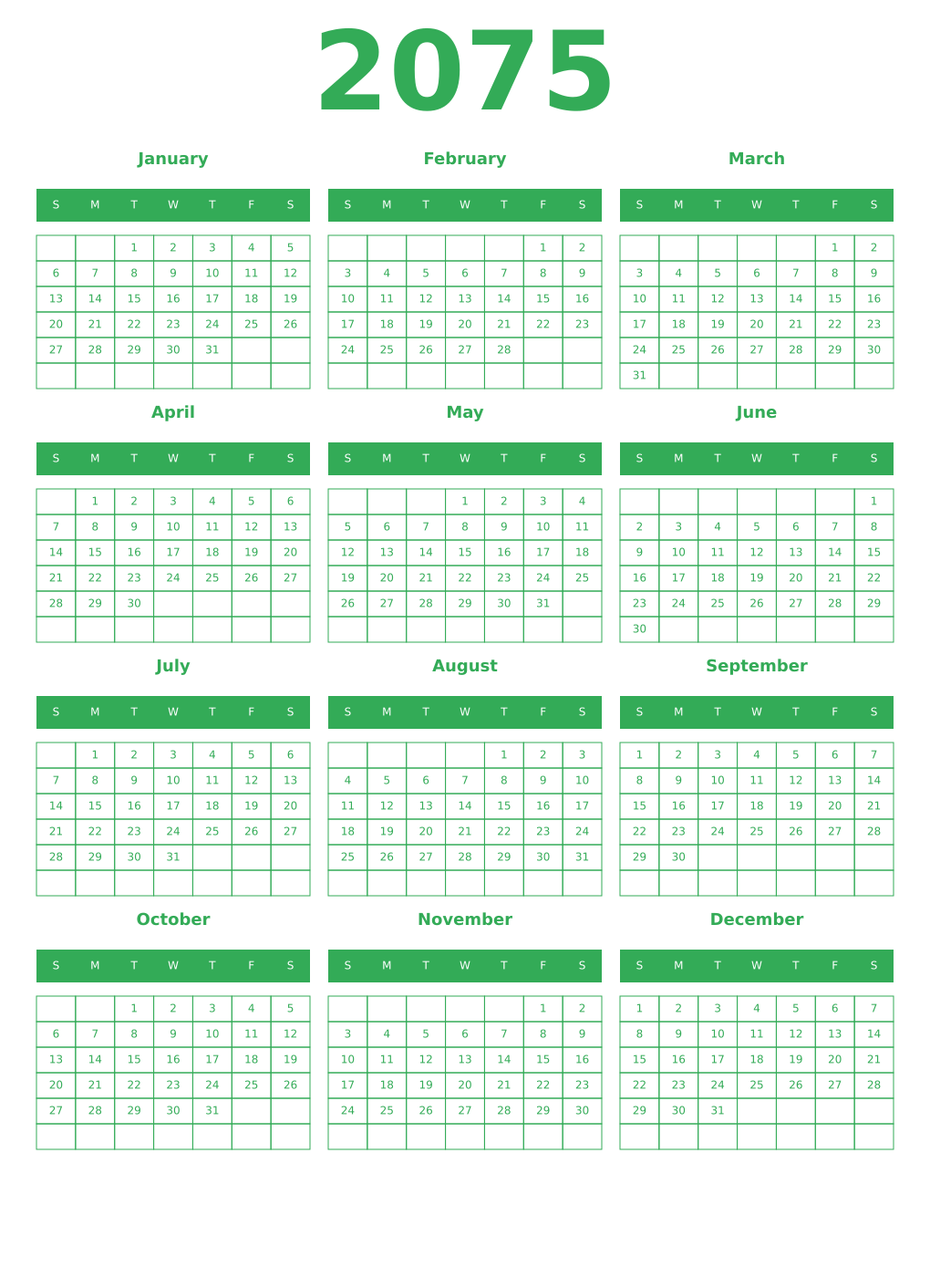 Printable 2075 Calendars