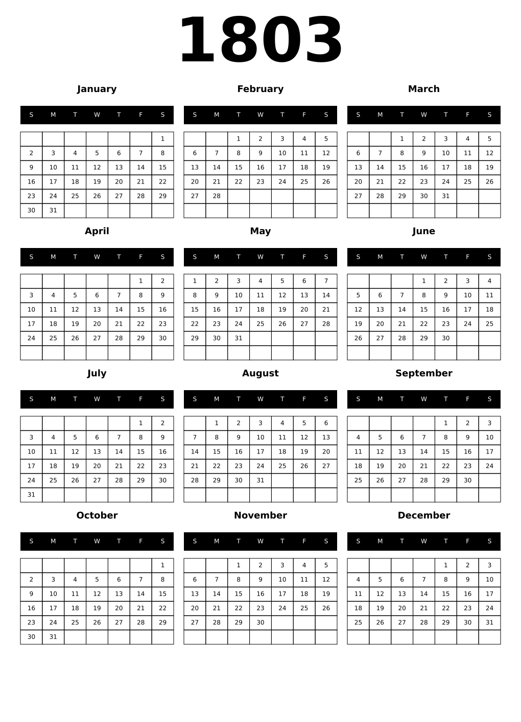 Printable 1803 Calendars