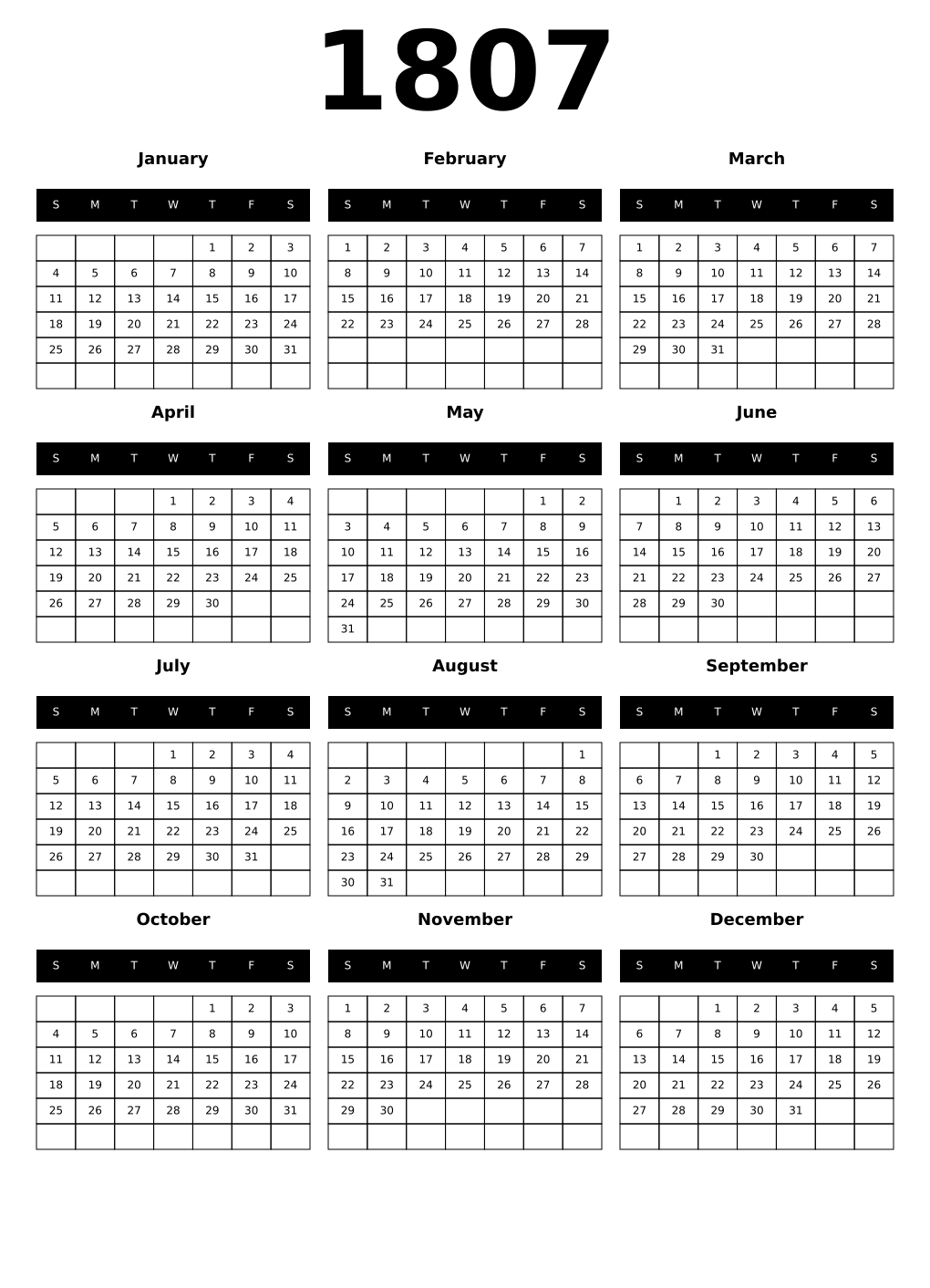Printable 1807 Calendars