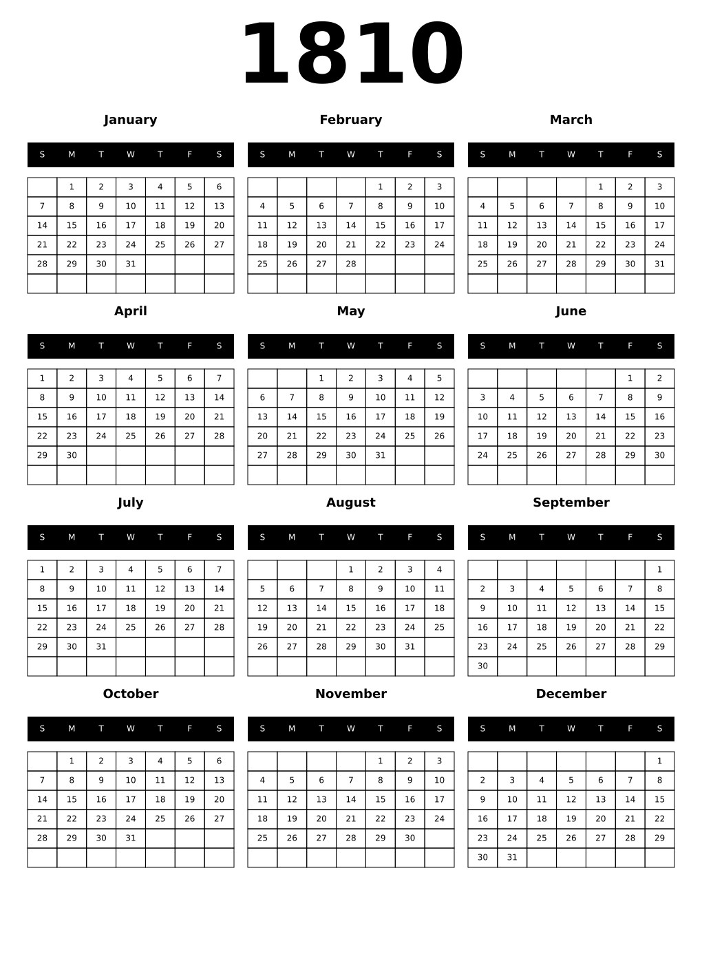 Printable 1810 Calendars