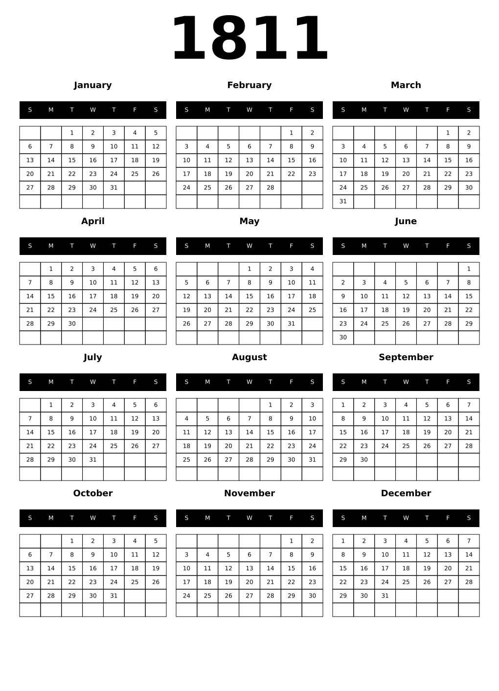 Printable 1811 Calendars