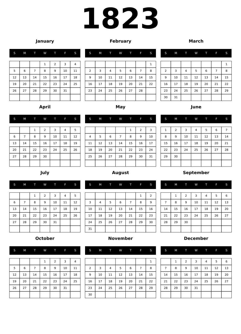 Printable 1823 Calendars