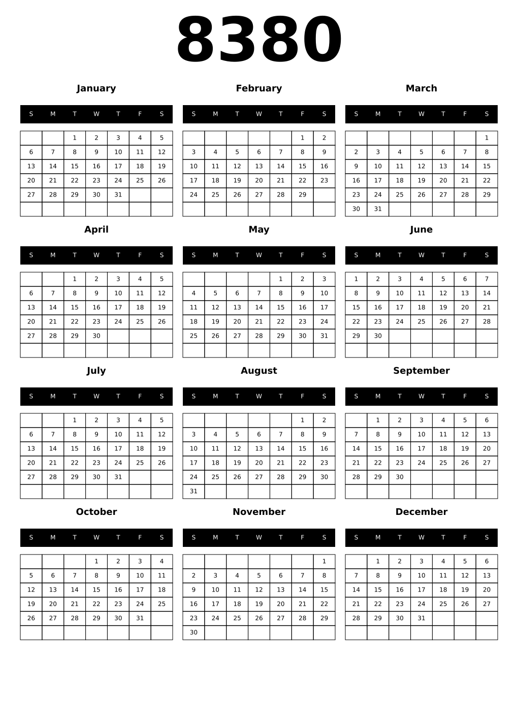 Printable 8380 Calendars