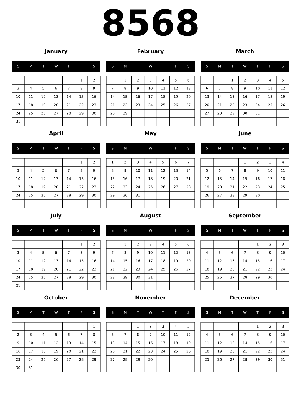 Printable 8568 Calendars