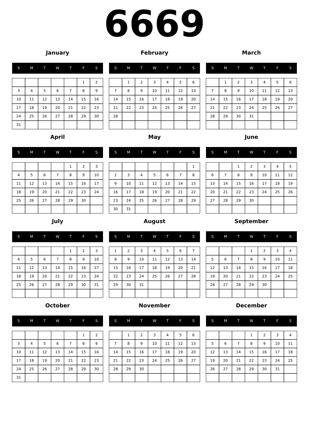 Printable 6669 Calendars