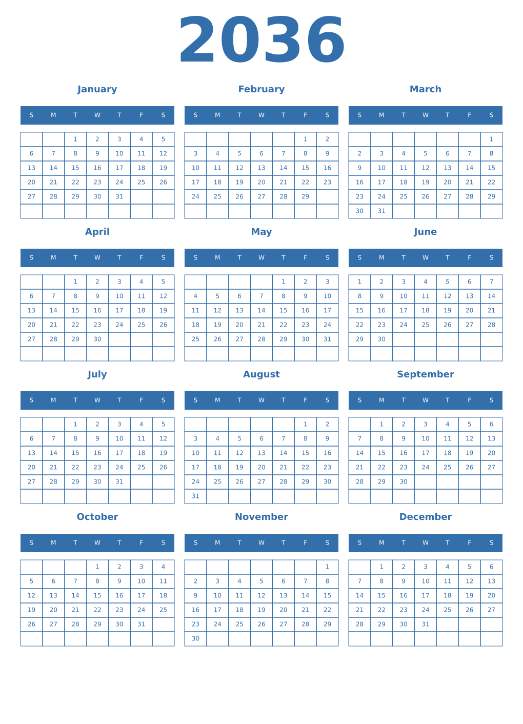 Printable 2036 Calendars