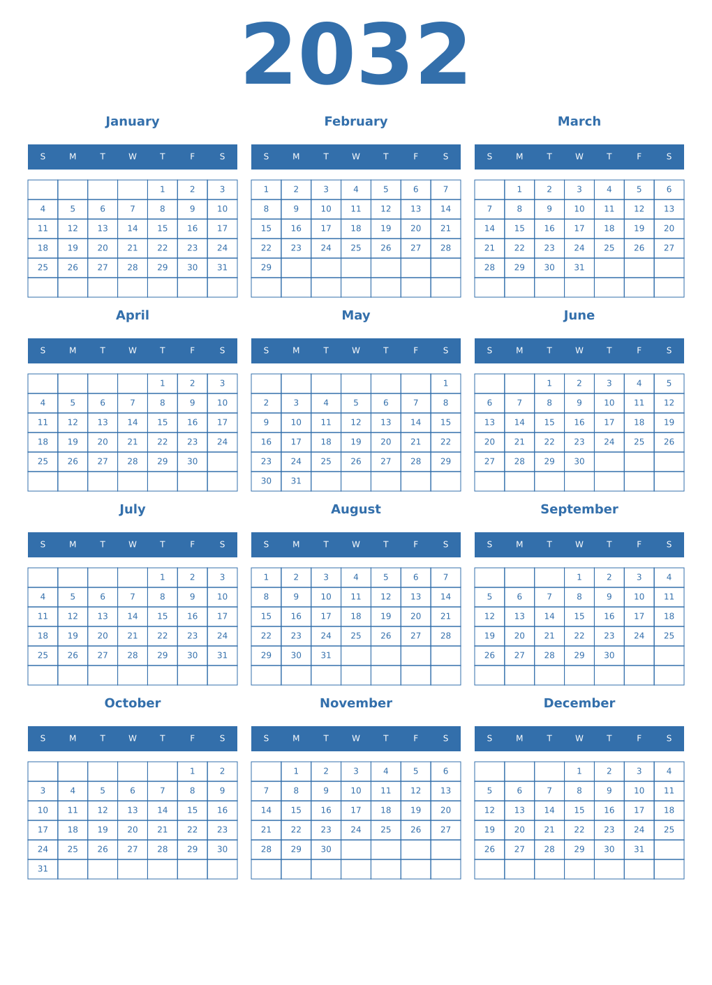 Printable 2032 Calendars