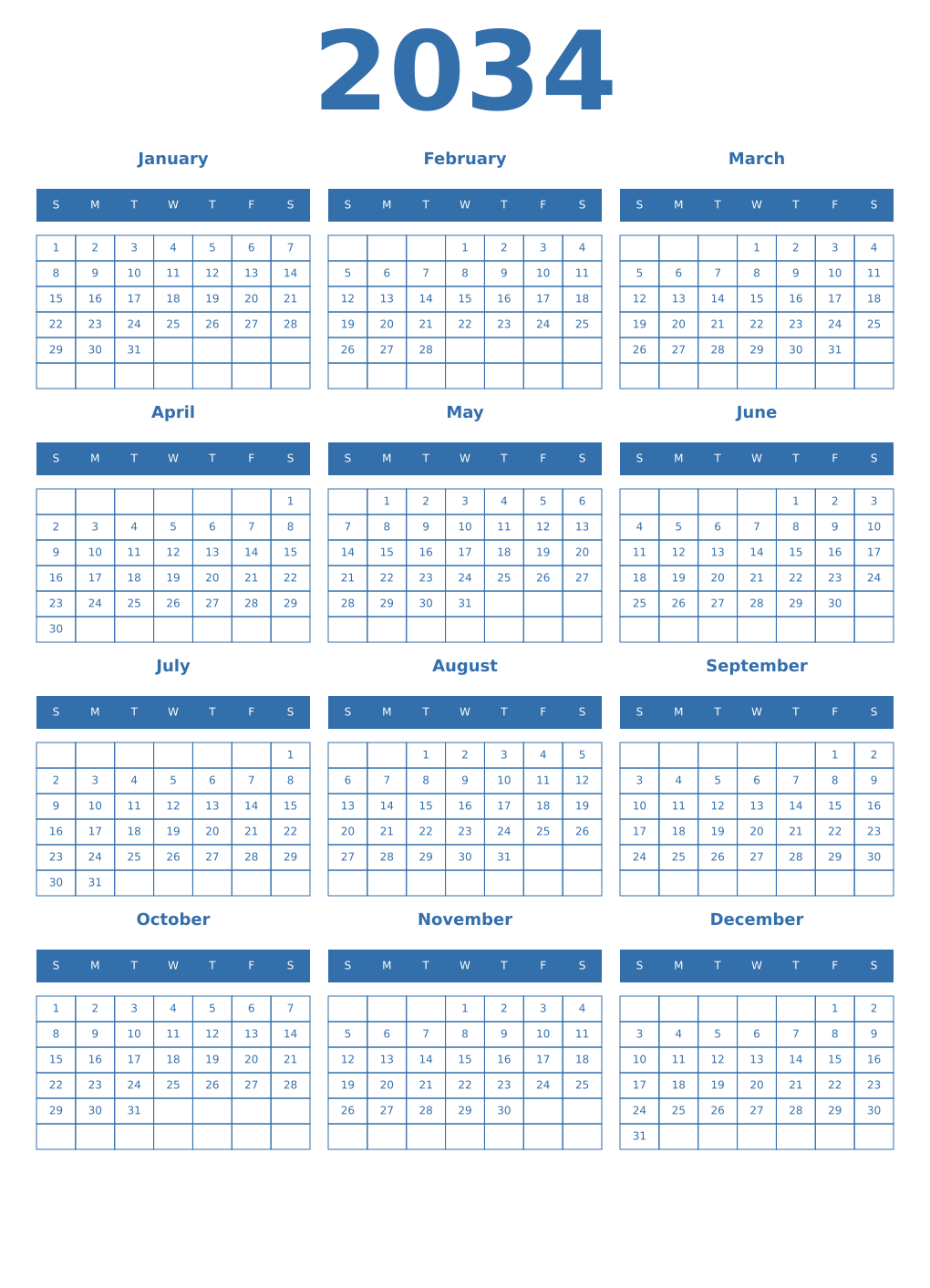 Printable 2034 Calendars