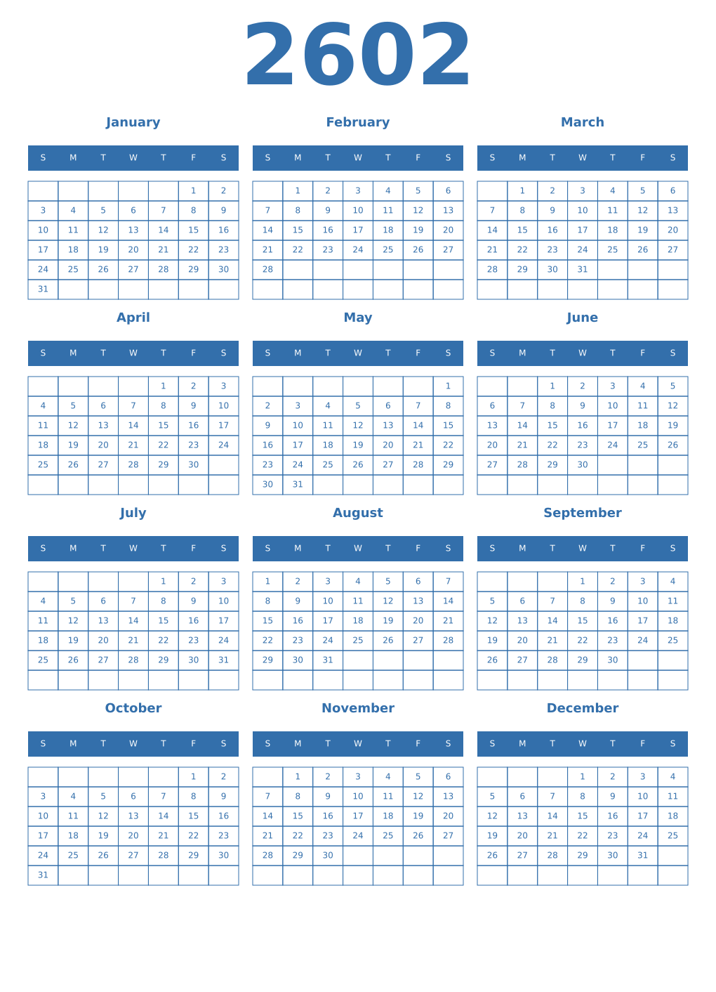 Printable 2602 Calendars