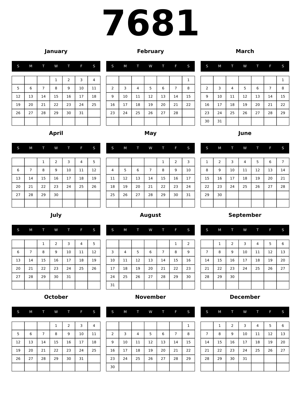 Printable 7681 Calendars