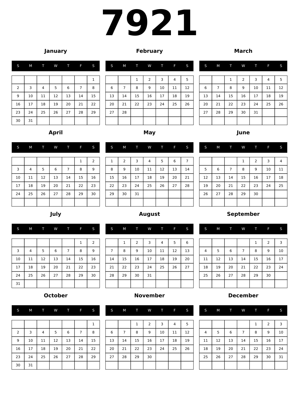Printable 7921 Calendars