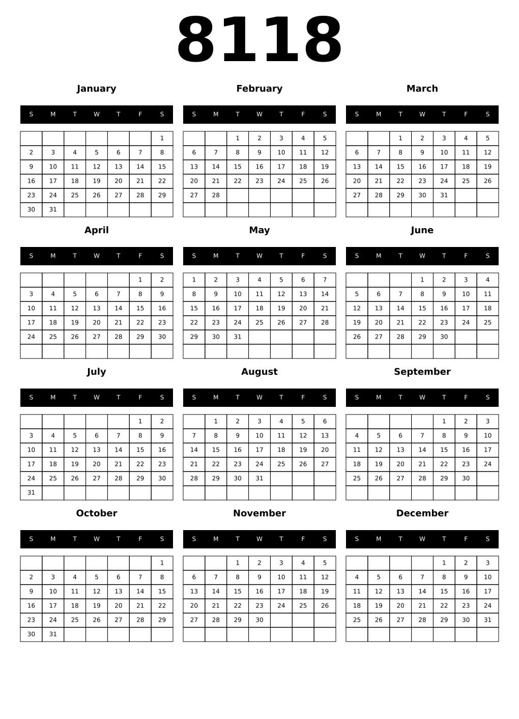 Printable 8118 Calendars
