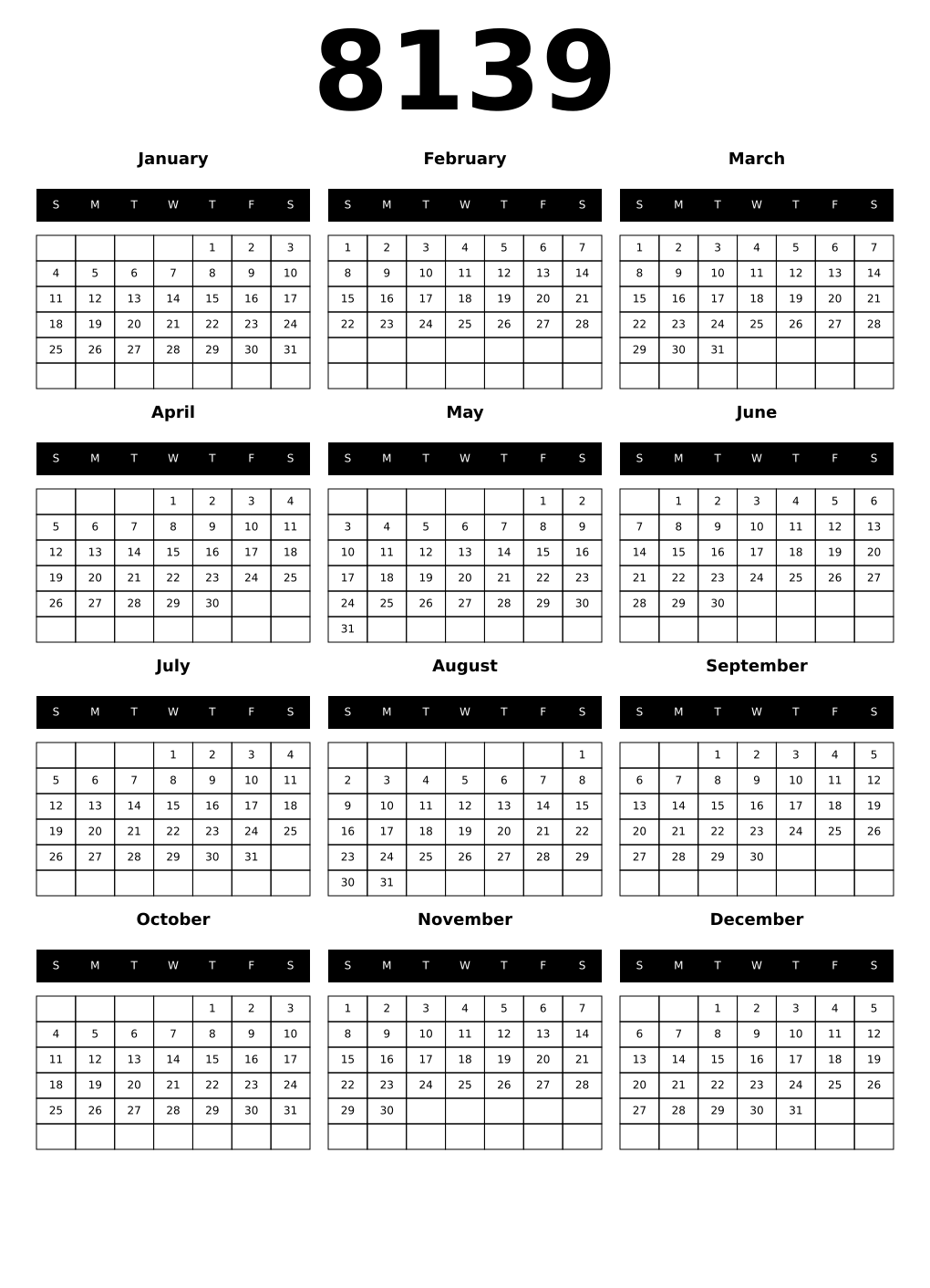 Printable 8139 Calendars