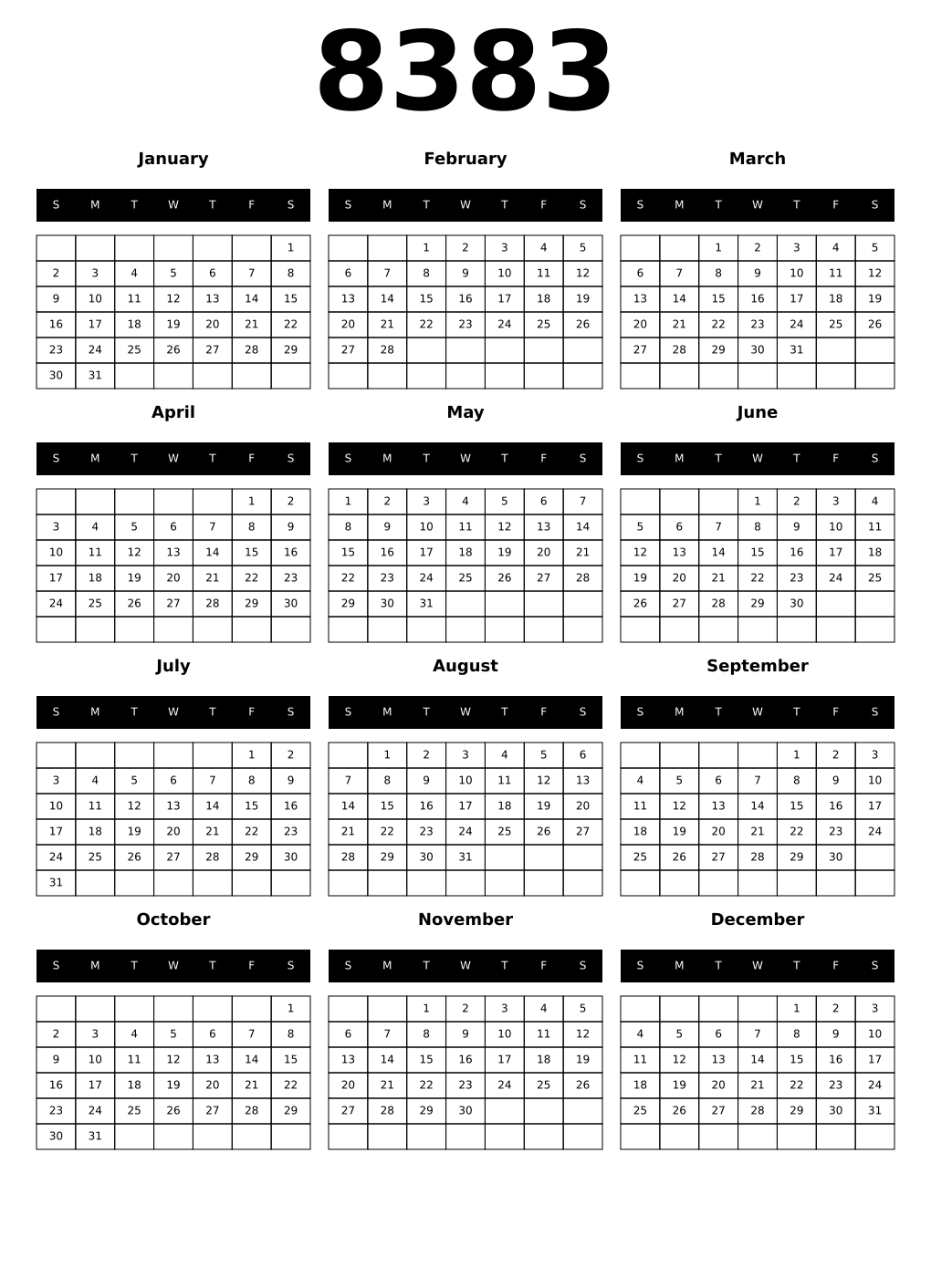 Printable 8383 Calendars