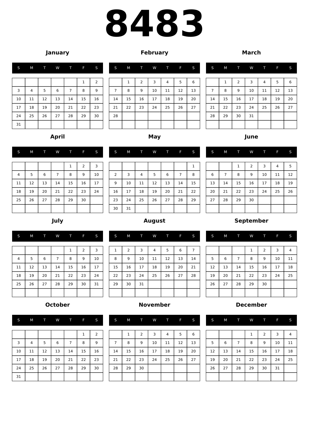 Printable 8483 Calendars