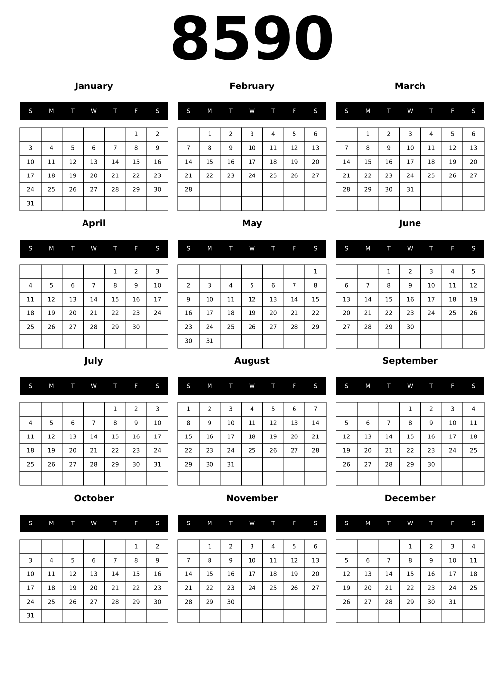 Printable 8590 Calendars