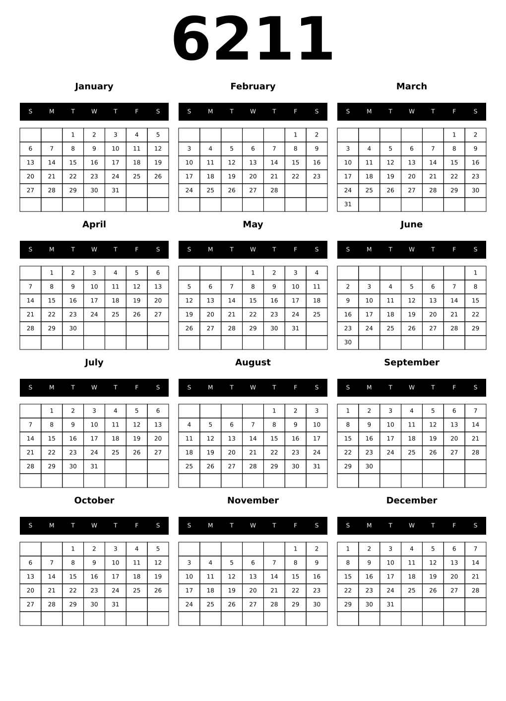 Printable 6211 Calendars