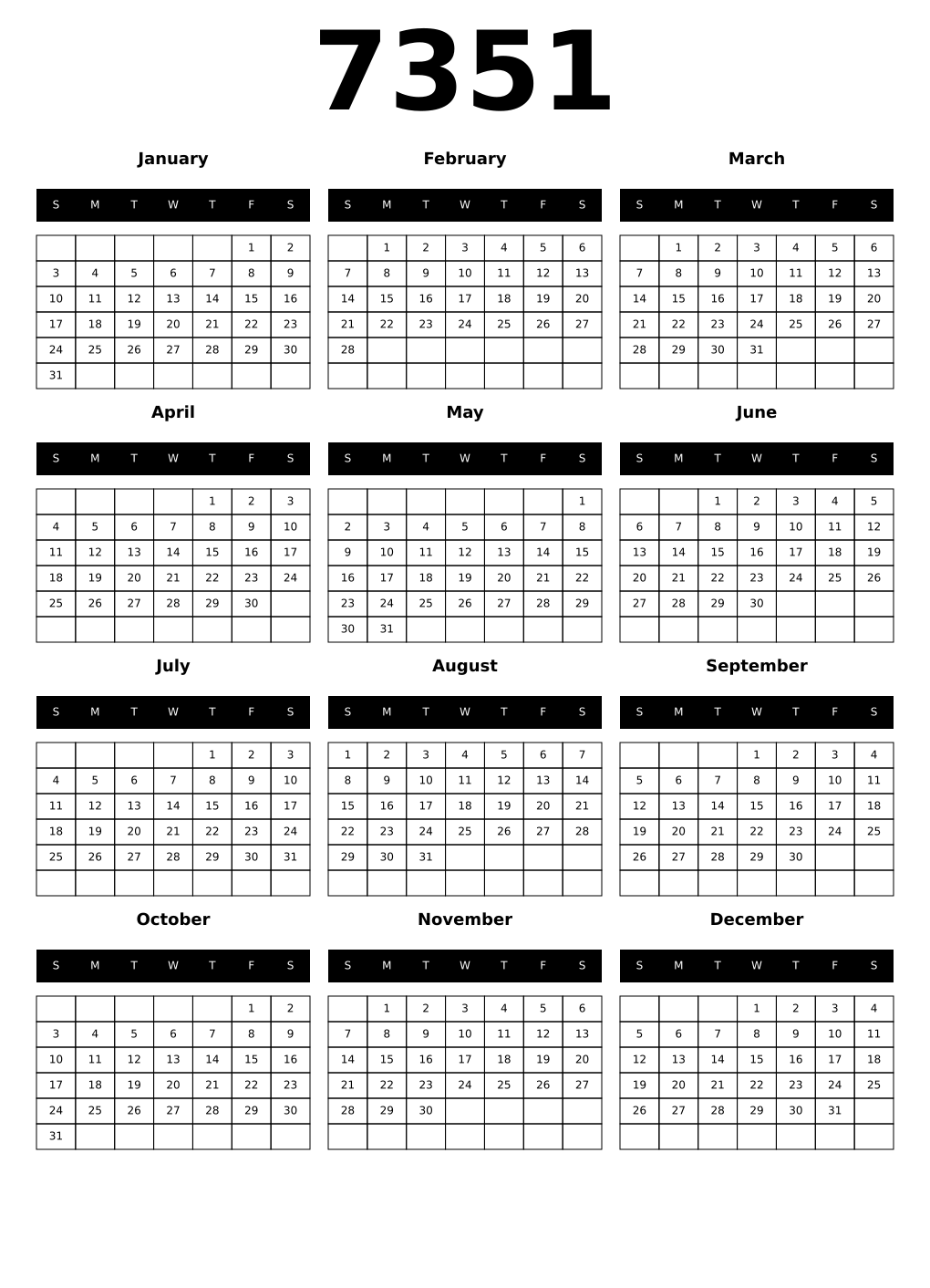 Printable 7351 Calendars